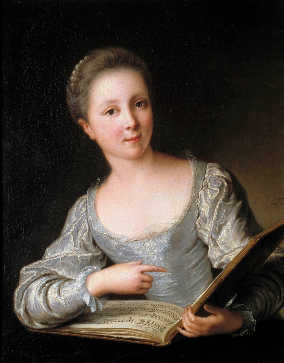 Portræt af en ung kvinde Den unge kvinde læser et nodeark - Maleri af Jean Marc (Jean-Marc) Nattier (1685-1766) 1719 Dim 0,74 x 0,60 m af Jean Marc Nattier
