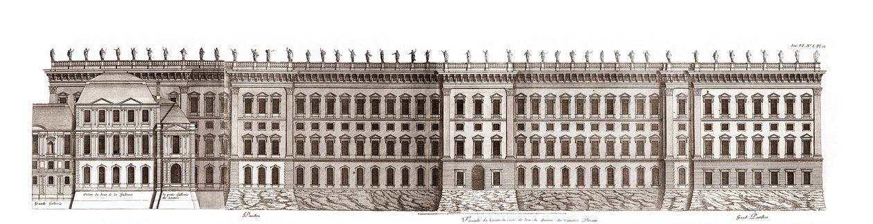 Louvre i Paris, projekt af Gian Lorenzo Bernini: elevation af hovedfacaden mod Seinen - Fra "" Architecture francoise"" af Jacques-Francois Blondel - elevation de la principale facade cote Seine - projekt af Bernin - gravering af Jean Marot af Jean Marot