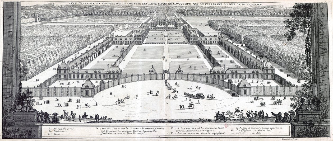 Generelt perspektivisk billede af Richelieus slot, borggård, forgård, blomsterbede, haver osv. af Jean Marot