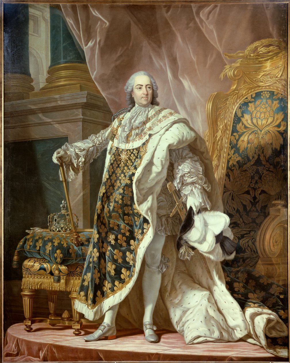 Portræt i foden af Ludvig XV (1710-1774) i hellig dragt, konge af Frankrig. Maleri af Jean Martial Fredou (1710-1774) efter Louis Michel van Loo (1707-1771) 1761 Dim. 2,77x1,95 m - Portræt i fuld længde af Louis XV (1710-1774), konge af Frankrig, i coronat af Jean Martial Frédou