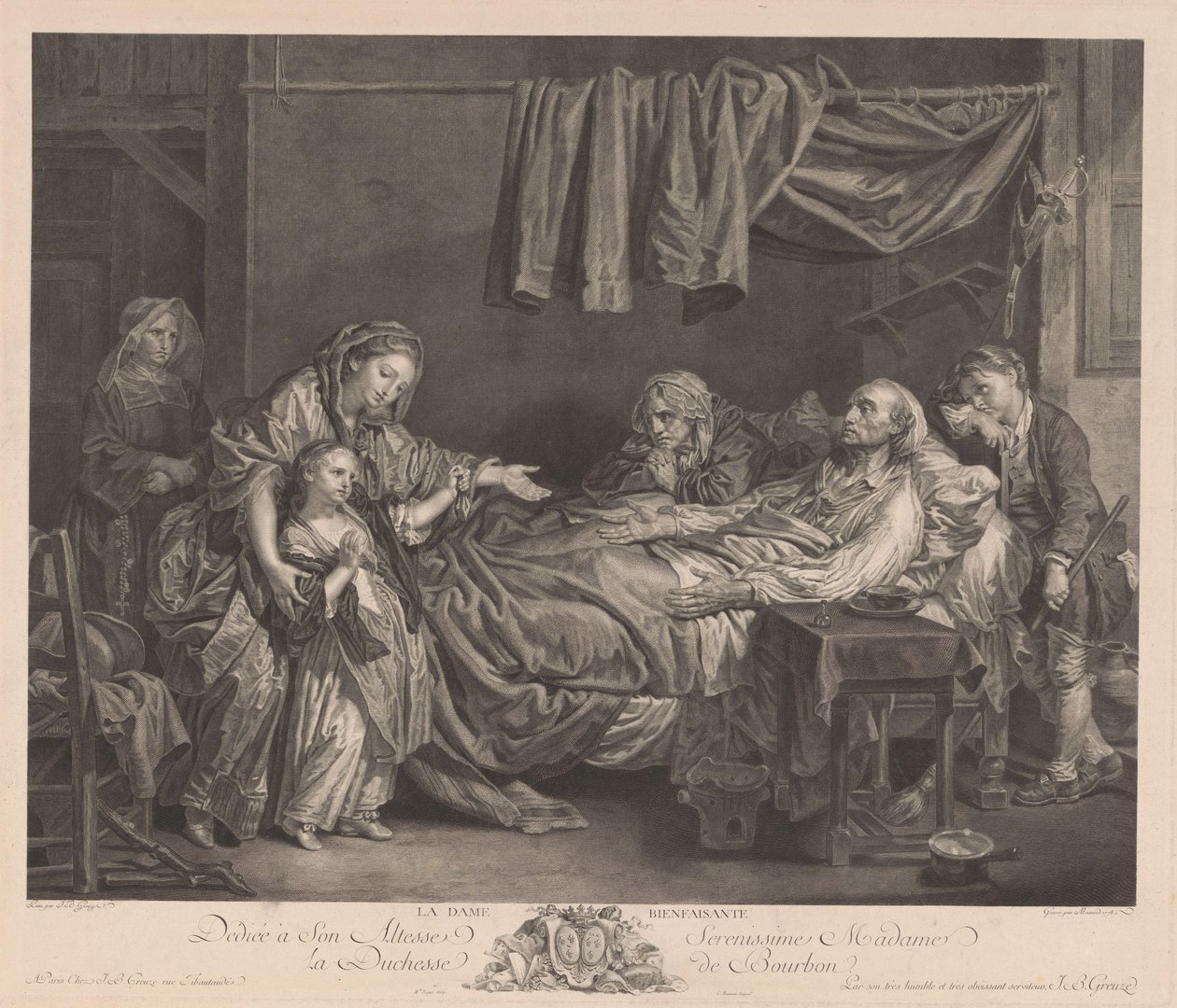 Familie omkring en syge seng La Dame Bienfaisante (titel på objektet) af Jean Massard