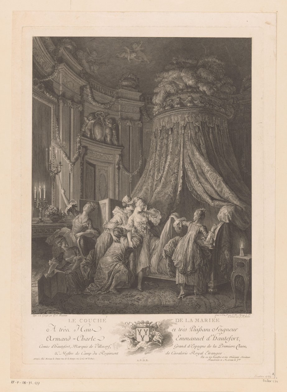 Ung kvinde løftet til sin seng Le Coucher de la Mariee (titel på objekt) af Jean Michel Moreau
