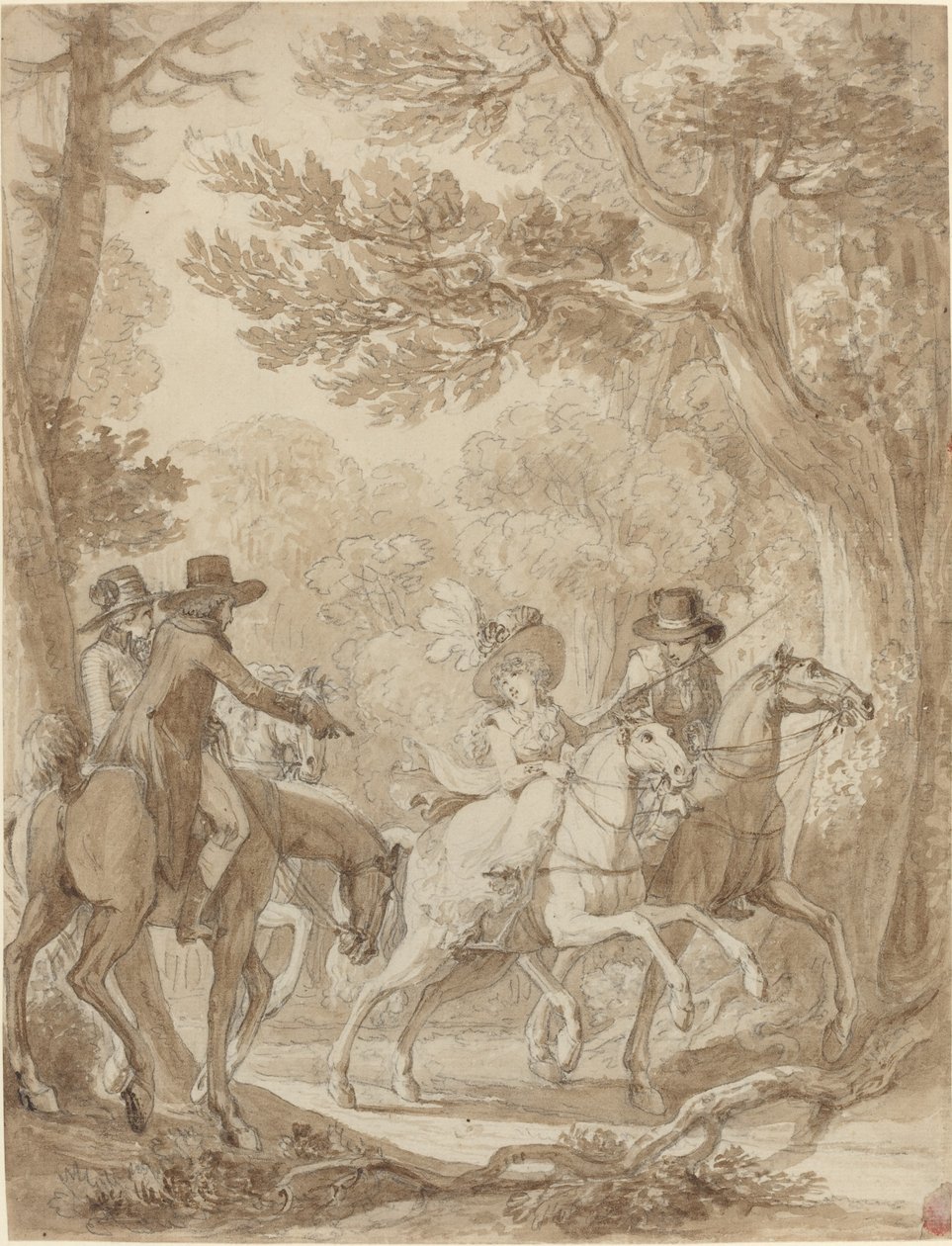 Dame og herrer rider i en park af Jean Michel Moreau