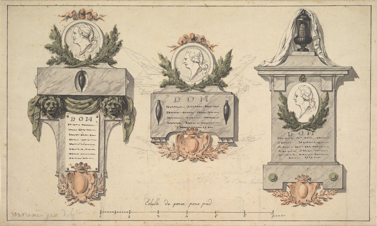 Tre designs til et begravelsesmonument eller epitafium, ca. 1770-90. af Jean Michel Moreau