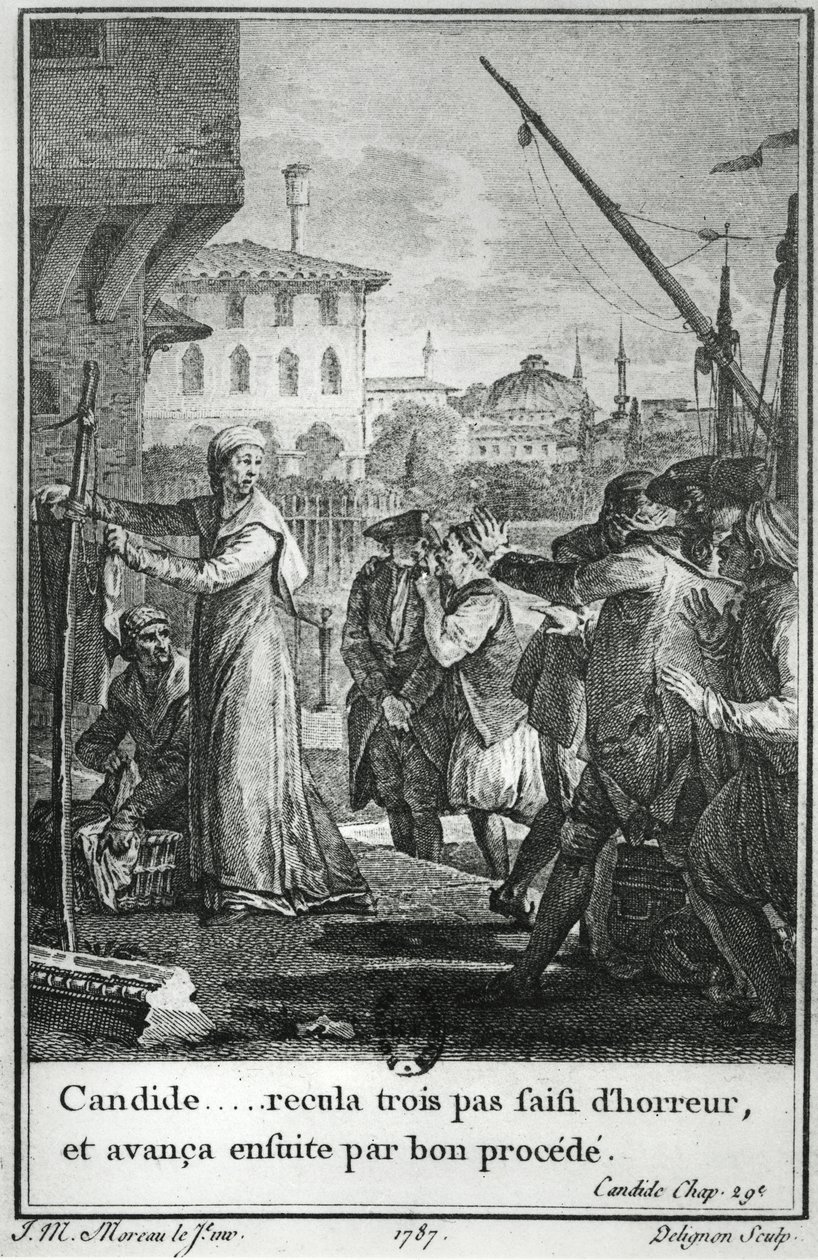 Candide ... tog tre skridt tilbage i rædsel og gik derefter frem med god procedure, illustration fra kapitel 29 af Candide af Francois Voltaire (1694-1778) indgraveret af Jean Louis Delignon (1755-1804) 1787 af Jean Michel the Younger Moreau