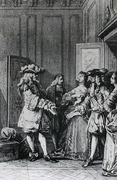 Illustration fra LImpromptu de Versailles af Moliere (1622-73) graveret af D. Nee af Jean Michel the Younger Moreau