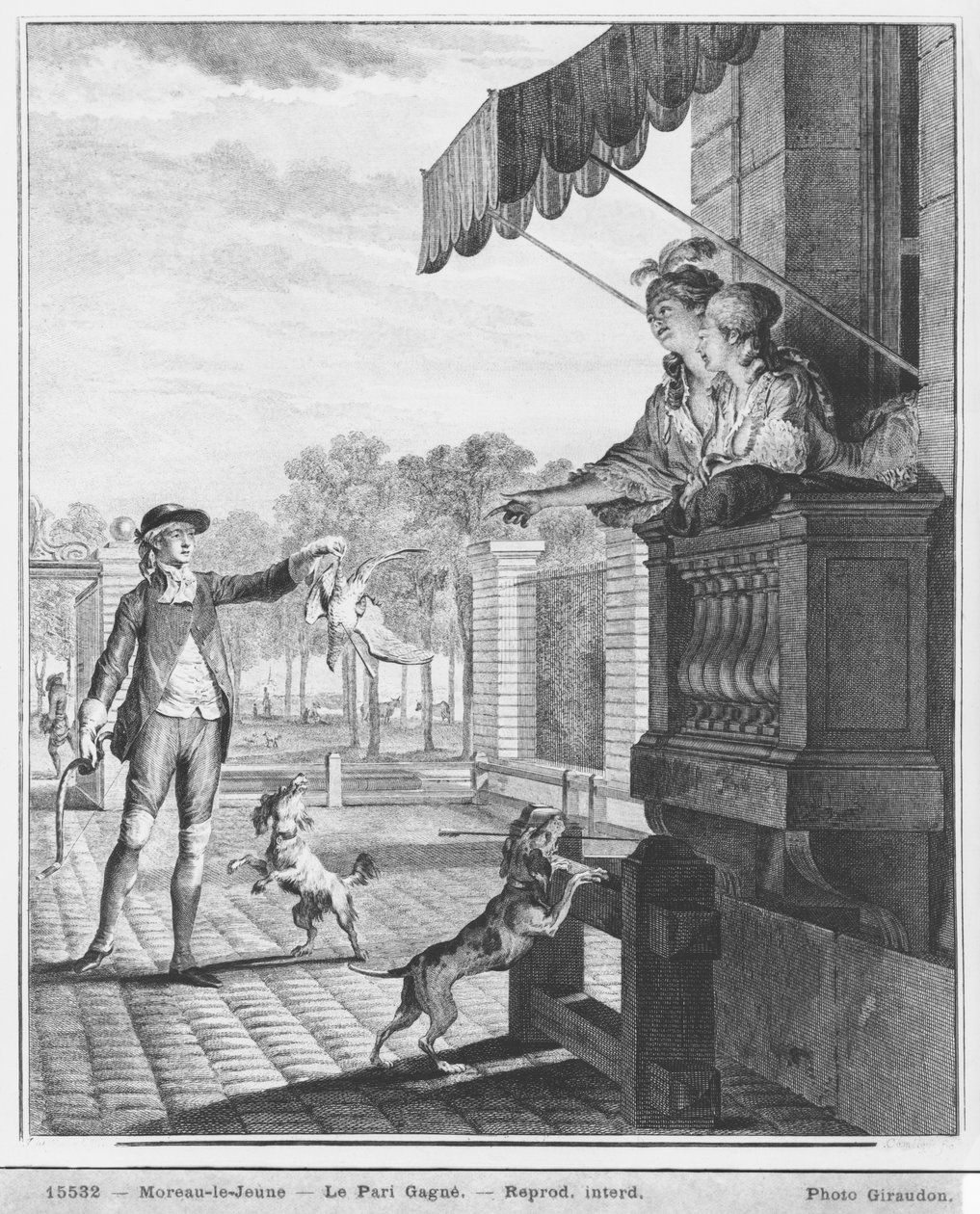 At tage et væddemål, indgraveret af Camligue (fl.1785) c.1777 (gravering) (bw-foto) af Jean Michel the Younger Moreau
