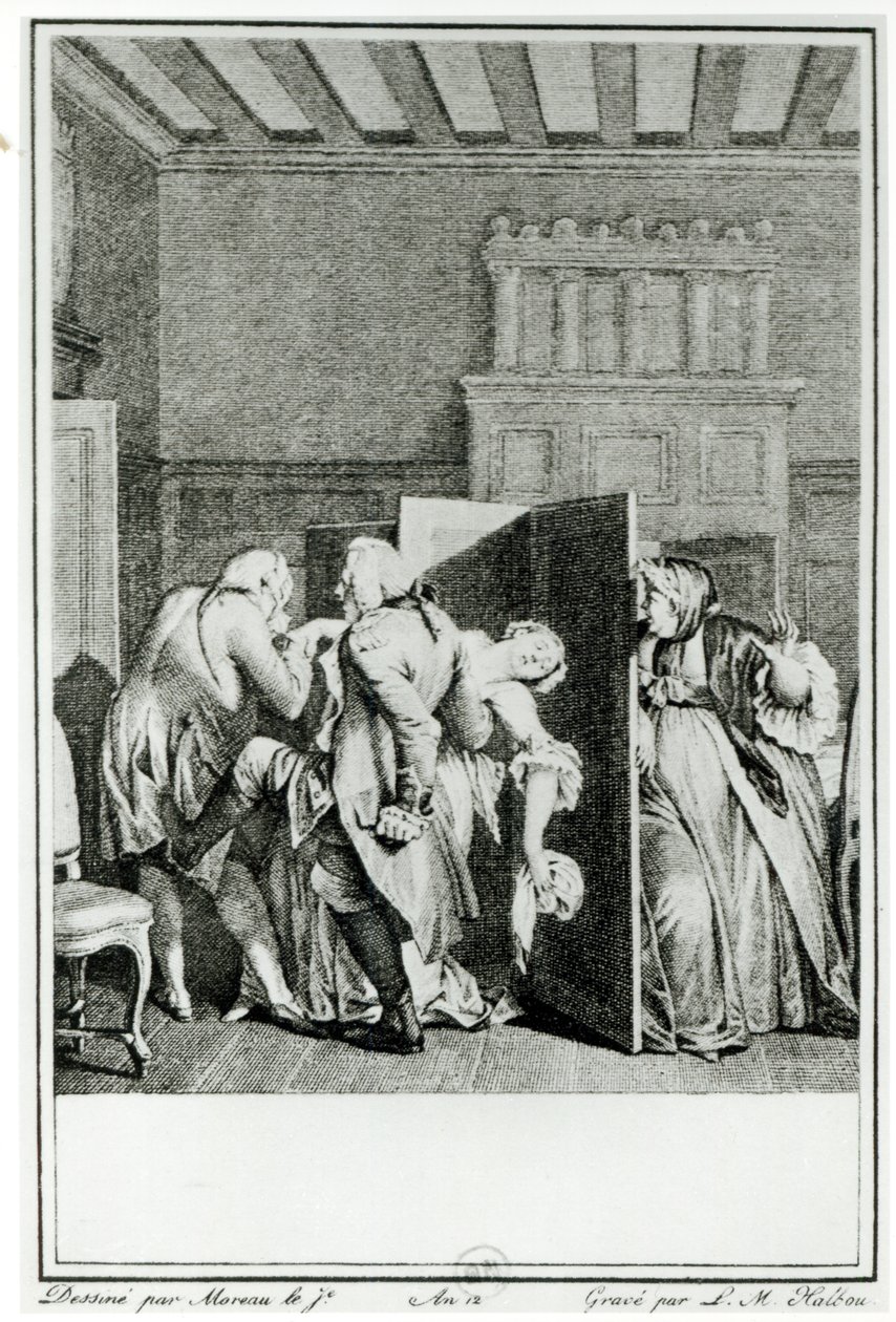 Baronen... hilste Candide med nogle bemærkelsesværdige spark på ridebuksen og drev ham ud af dørene, illustration fra kapitel 1 af Candide af Francois Voltaire (1694-1778) indgraveret af Louis Michel Halbou ( af Jean Michel the Younger Moreau