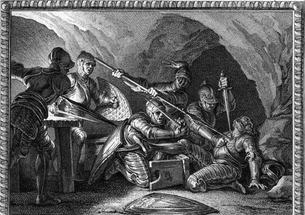 Mordet på Waifre (eller Gaifier), hertugen af Aquitaine (767 eller 768). Stik af Romanet efter Moreau le jeune (1779). af Jean Michel the Younger (after) Moreau
