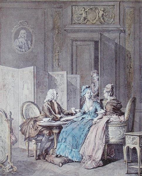 Graviditetserklæringen, 2. halvdel af 1700-tallet, indgraveret af Pietro Antonio Martini (1739-97) (farvestik) (se også 19554) af Jean Michel the Younger (after) Moreau