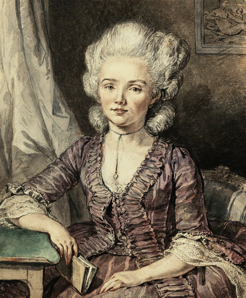 En ung dame siddende ved et bord med en bog, 1785 af Jean Michel the Younger Moreau