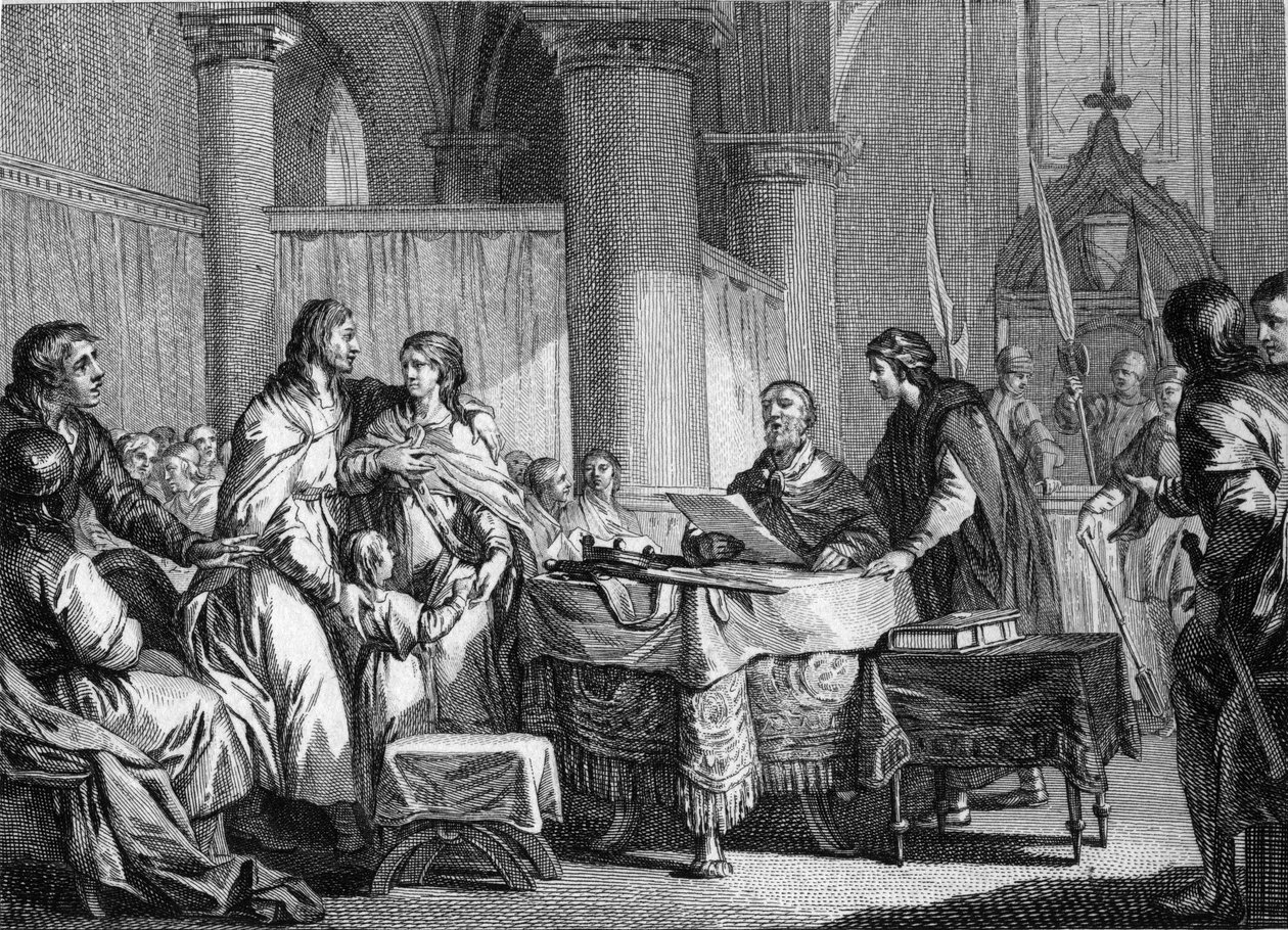 Abdikation af Carloman (ca. 715-754), borgmester for paladset i Austrasien, til fordel for hans bror, Pepin III dit Pepin le Brief (714-768), 747. Gravering af Jean Michel Moreau, dit Moreau le Jeune ( 1741-1814) af Jean Michel the Younger Moreau
