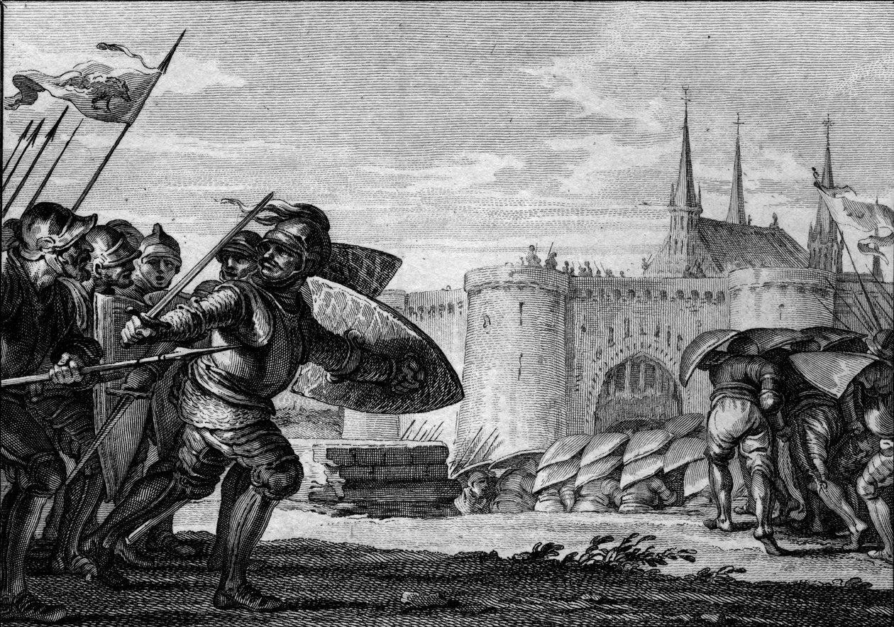 Armee viking angriber Saint Germain des Pres (Saint-Germain-des-Pres) og hans kloster. 9. århundrede (regne af Charles II den Skaldede). Gravering af Jean Michel Moreau, dit Moreau le Jeune (1741-1814) af Jean Michel the Younger Moreau