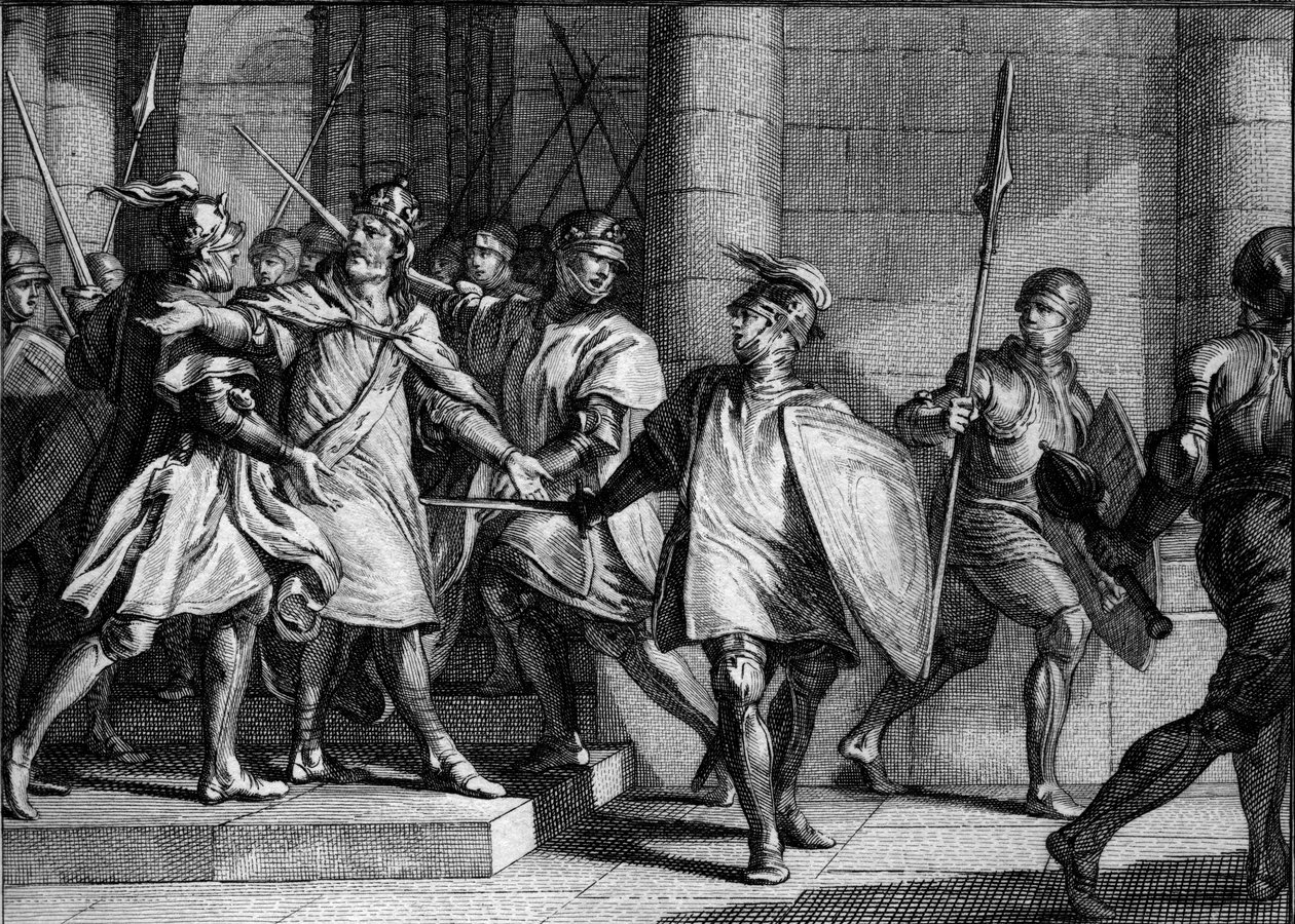 Arrestation af Louis 1. den fromme eller Debonnaire (778-840), 830: hans tre sønner (Lothaire, Pepin og Louis) kredser imod hans beslutning om at inkludere sin sidste søn, den fremtidige Karl den Skaldede, i hans arv. Gravering af Jean Michel Moreau, dit M af Jean Michel the Younger Moreau