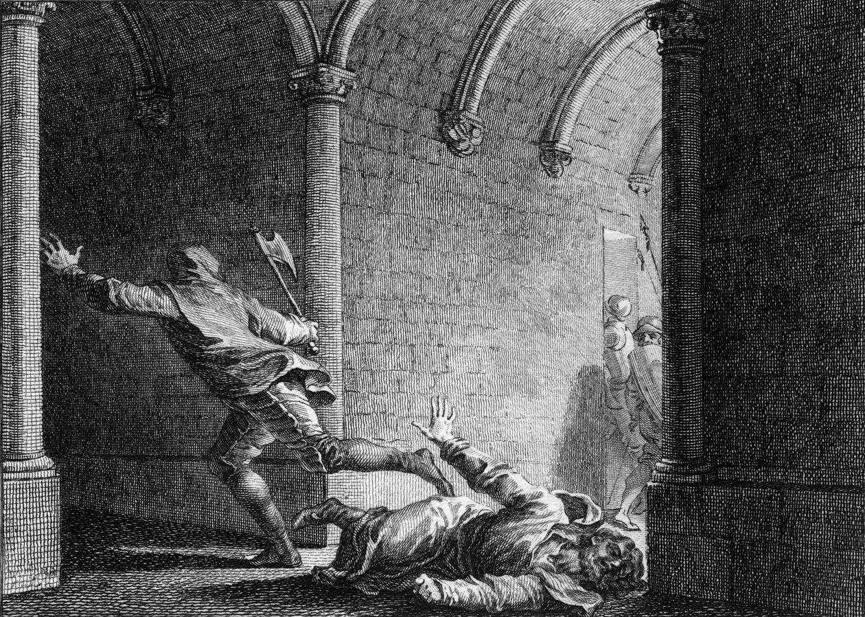 Mordet på Ebroin, borgmester i Neustria Palace, 681: han blev dræbt med en økse af Hermanfroi, herre, som han havde frarøvet sin ejendom. Gravering af Jean Michel Moreau, dit Moreau le Jeune (1741-1814) af Jean Michel the Younger Moreau