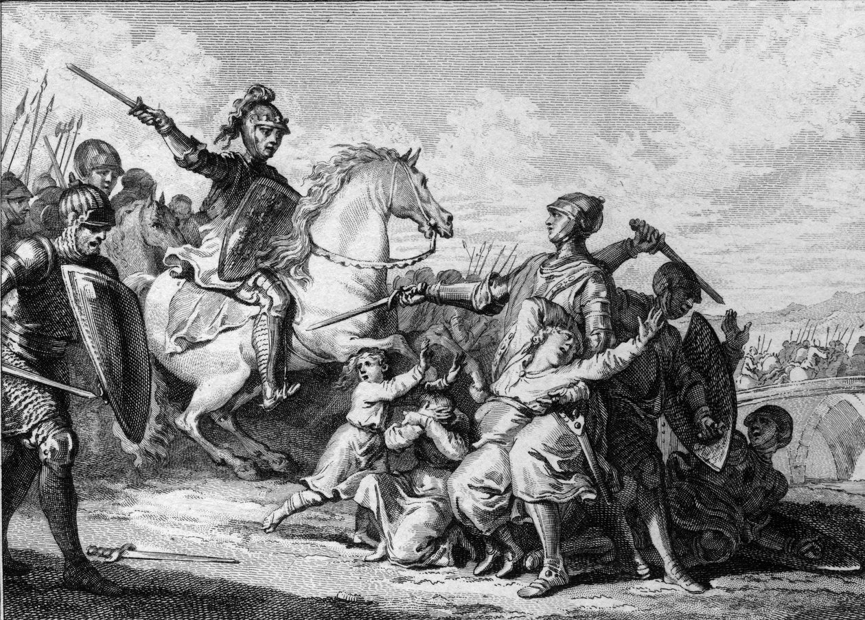 Mordet på sønnerne af Thierry II af Bourgogne i 613 i nærværelse af Clotaire (Clothaire) II (584-628), konge af Neustrien. Blandt dem Sigebert II (601-613). Gravering af Jean Michel Moreau, dit Moreau le Jeune (1741-1814) af Jean Michel the Younger Moreau