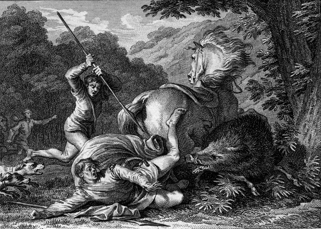 Carloman II døde (867-884) i et jagtspil, 884. Da en tjener ville hjælpe kongen med at angribe af et vildsvin, skubber en tjener ved et uheld sin spion ind i hans lår. Gravering af Jean Michel Moreau, dit Moreau le Jeune (1741-1814) af Jean Michel the Younger Moreau