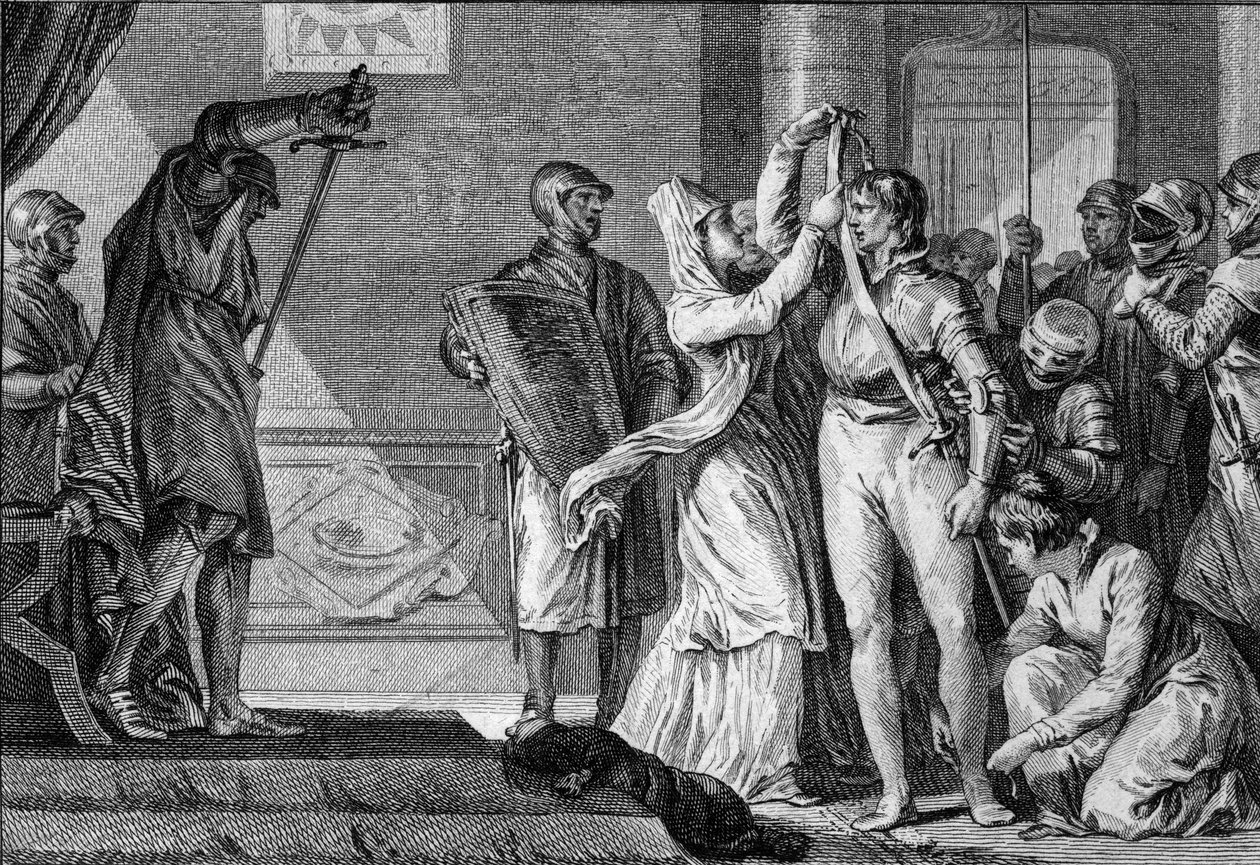Ceremoni af blødgøring under capetianerne: kvinder sætter et bælte og gyldne sporer på en ung mand, der blev gjort til ridder, mens væbnerne dækker ham med hans rustning. 10.-11. århundrede. Gravering af Jean Michel Moreau, dit Moreau le Jeune (1741-1814) af Jean Michel the Younger Moreau