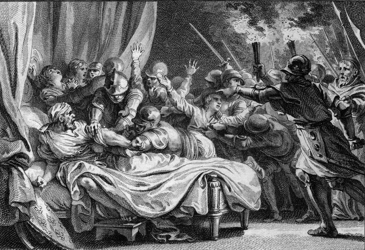 Slutningen af det karolingiske dynasti, 988: arrestation af Charles (953-991), hertugen af Nedre Lorraine, af Hugues Capet (941-996) og hans hær. Gravering af Jean Michel Moreau, dit Moreau le Jeune (1741-1814) af Jean Michel the Younger Moreau