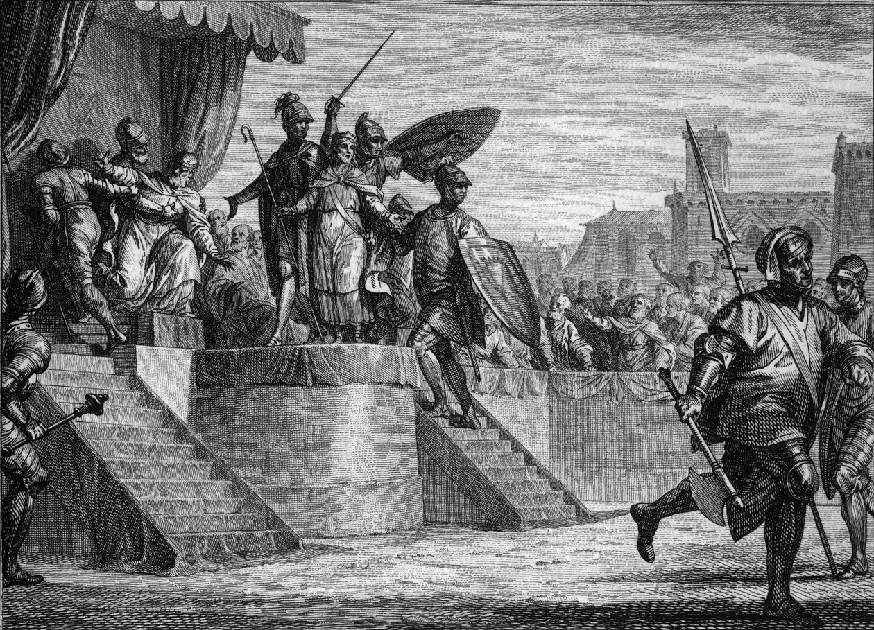 Slutningen af det merovingerske dynasti, 751: afsættelse af kong Childerik III (ca. 714-754) af Pepin den Brief (714-768). Gravering af Jean Michel Moreau, dit Moreau le Jeune (1741-1814) af Jean Michel the Younger Moreau