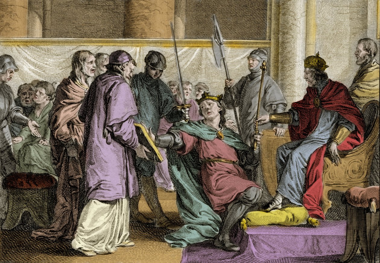 Erispoe (død 857), konge af Bretagne (Herispogius - Hervspogius - Respogius) modtog rigets smykker fra Charles II den Skaldedes hænder (823-877), 851. Gravering af Jean Michel Moreau, dit Moreau le Jeune (1741) - 1814) af Jean Michel the Younger Moreau