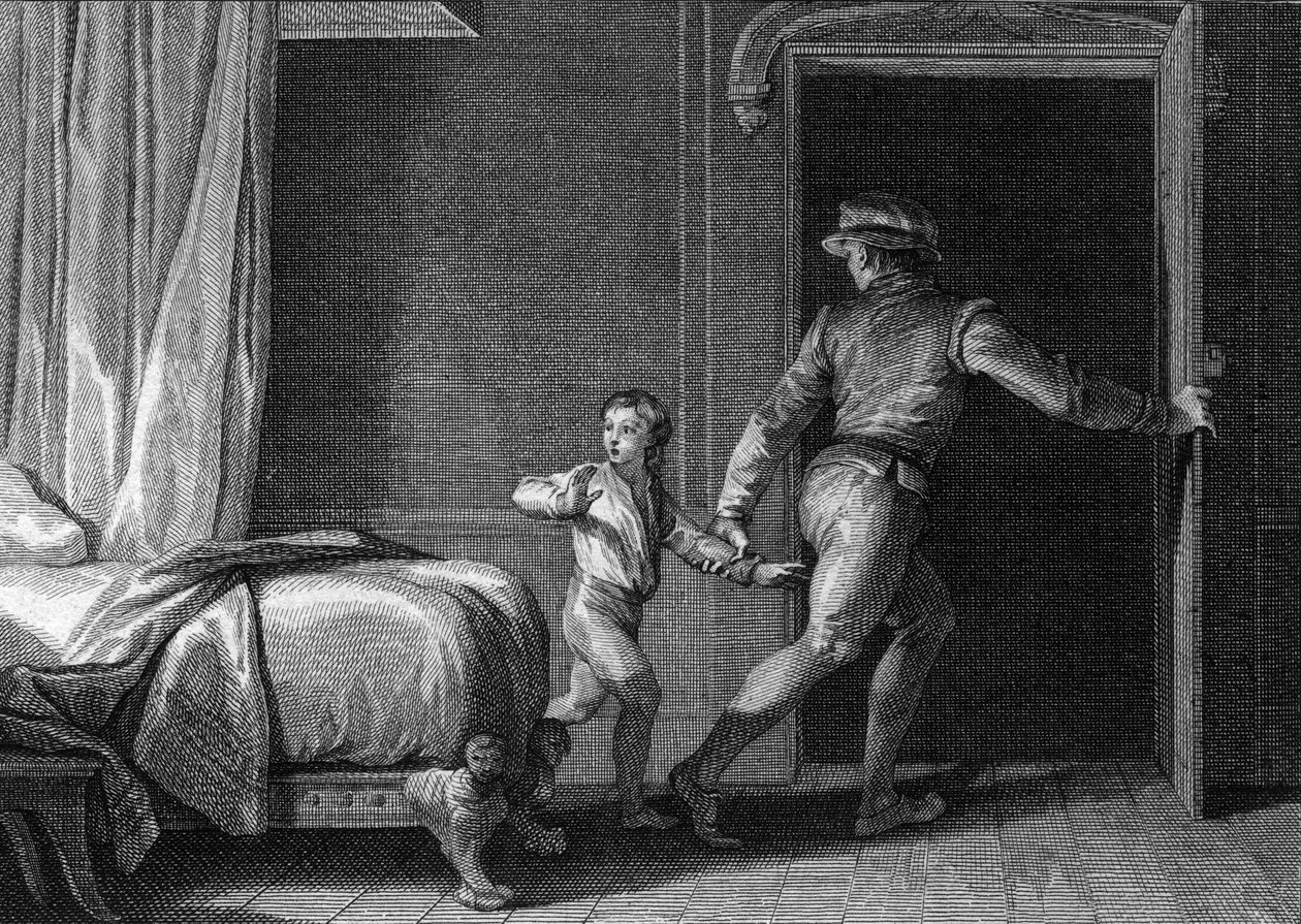 Escape of Richard, Duke of Nomandie, 944: holdt fanget i Frankrig af kong Louis IV af Outremer, den fremtidige Richard I af Normandiet (930-996) blev løsladt takket være hjælp fra Osmond, en af disse officerer. Gravering af Jean Michel Moreau, dit Moreau l af Jean Michel the Younger Moreau