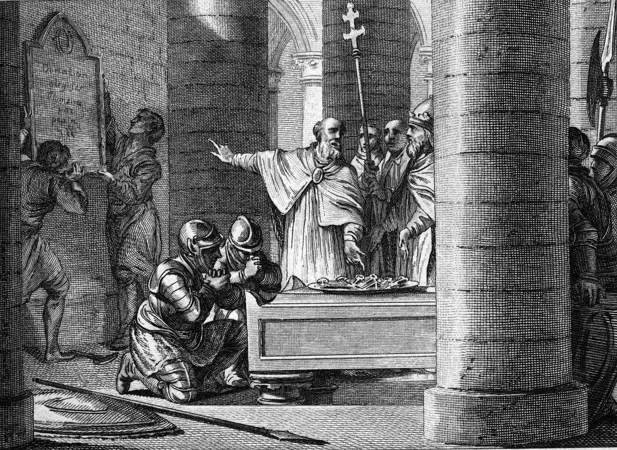Fulrade (Fulrad), den store kapellan for Pepin the Brief, tilbød pave Stephen II nøglerne til femten byer taget fra langobarderne, som ville danne grundlaget for den pavelige stat (755). På deres knæ, de to sønner af Pepin le Brief: Charles og Carloma af Jean Michel the Younger Moreau