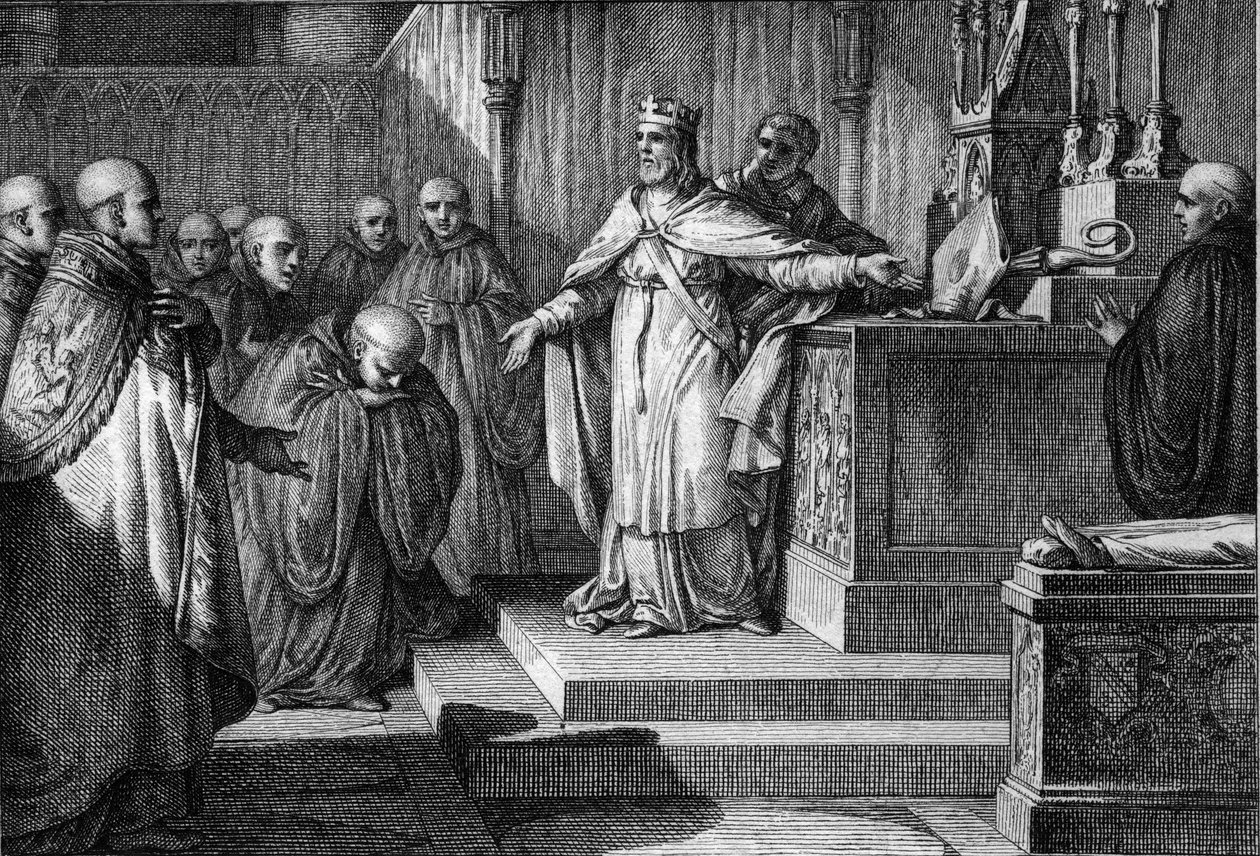 Hugues Capet (941-996) genindførte de kanoniske valg: Frankernes konge tillod munkene at vælge deres abbeder ved at placere et kors og en mitre på et alter. Gravering af Jean Michel Moreau, dit Moreau le Jeune (1741-1814) af Jean Michel the Younger Moreau
