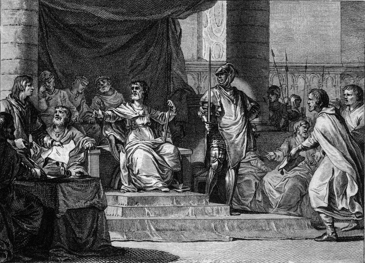 Fantasifuld repræsentation af regne af merovingerske "dovne konger": Clovis III (682-695), Childebert III (683-711) og Dagobert III (omkring 697-715) sover og sidder bag borgmesteren i Pepin le Jeune eller Herstal Palace (omkring 653-714). Stik af Je af Jean Michel the Younger Moreau