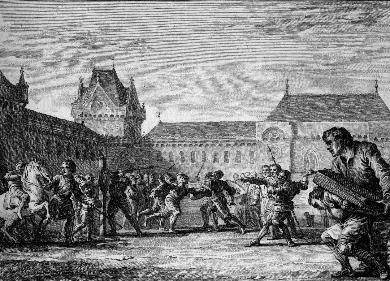 Institution af sider: etablering af træning i sidemetiers fysiske og huslige opgaver. Karolingisk periode, Karl den Stores regne, 8.-9. århundrede. Gravering af Jean Michel Moreau, dit Moreau le Jeune (1741-1814) af Jean Michel the Younger Moreau