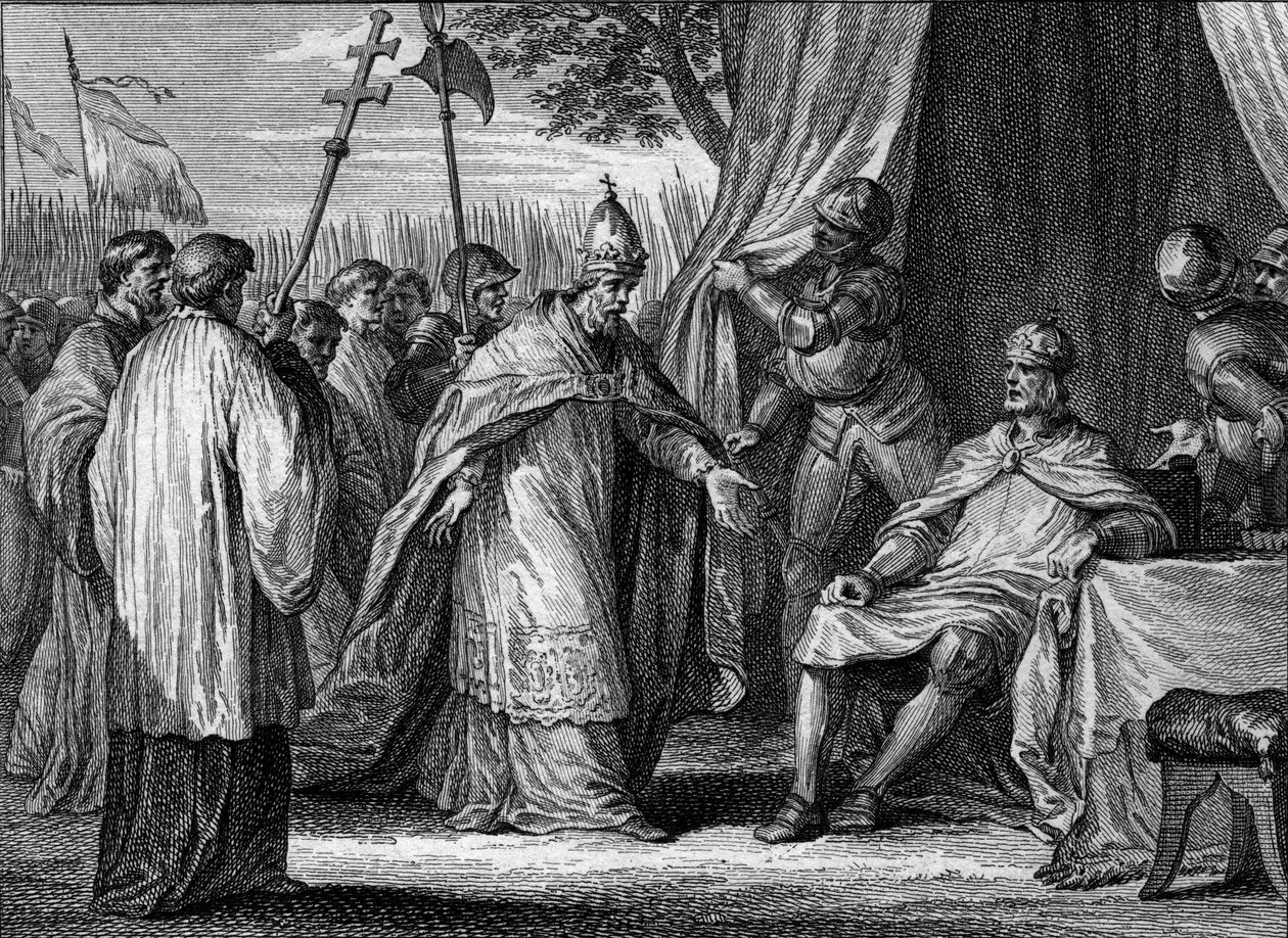 Interview mellem pave Gregoire IV (død 844) og Ludvig I den fromme eller Debonnaire (778-840), i 833, for at bilægge striden mellem kongen og hans sønner, Lothaire, Pepin og Louis. Gravering af Jean Michel Moreau, dit Moreau le Jeune (1741-18 af Jean Michel the Younger Moreau
