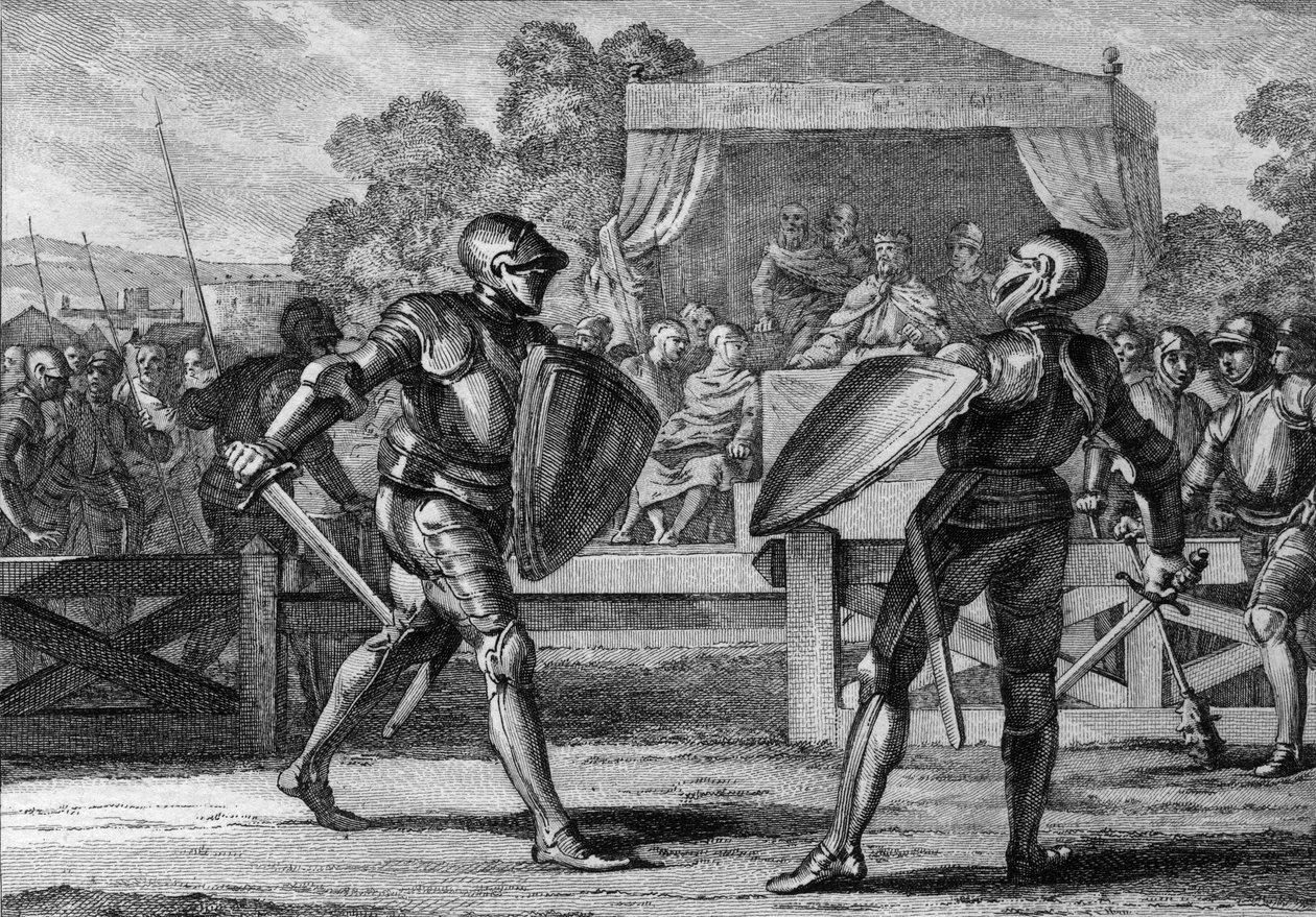 Retfærdighed under capetianerne: en duel i rustning mellem to vasseller for at afgøre et skænderi. En domstol ("domstol af jævnaldrende eller baroner") forsøgte først at afgøre deres tvist. I tilfælde af fiasko, ville de engagere sig i en kamp til døden. 1 af Jean Michel the Younger Moreau