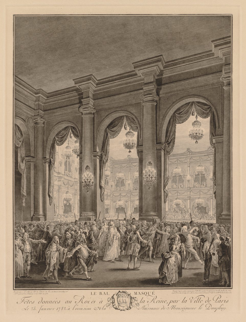 Maskebal givet på Hôtel de Ville, 23. januar 1782. af Jean Michel the Younger Moreau