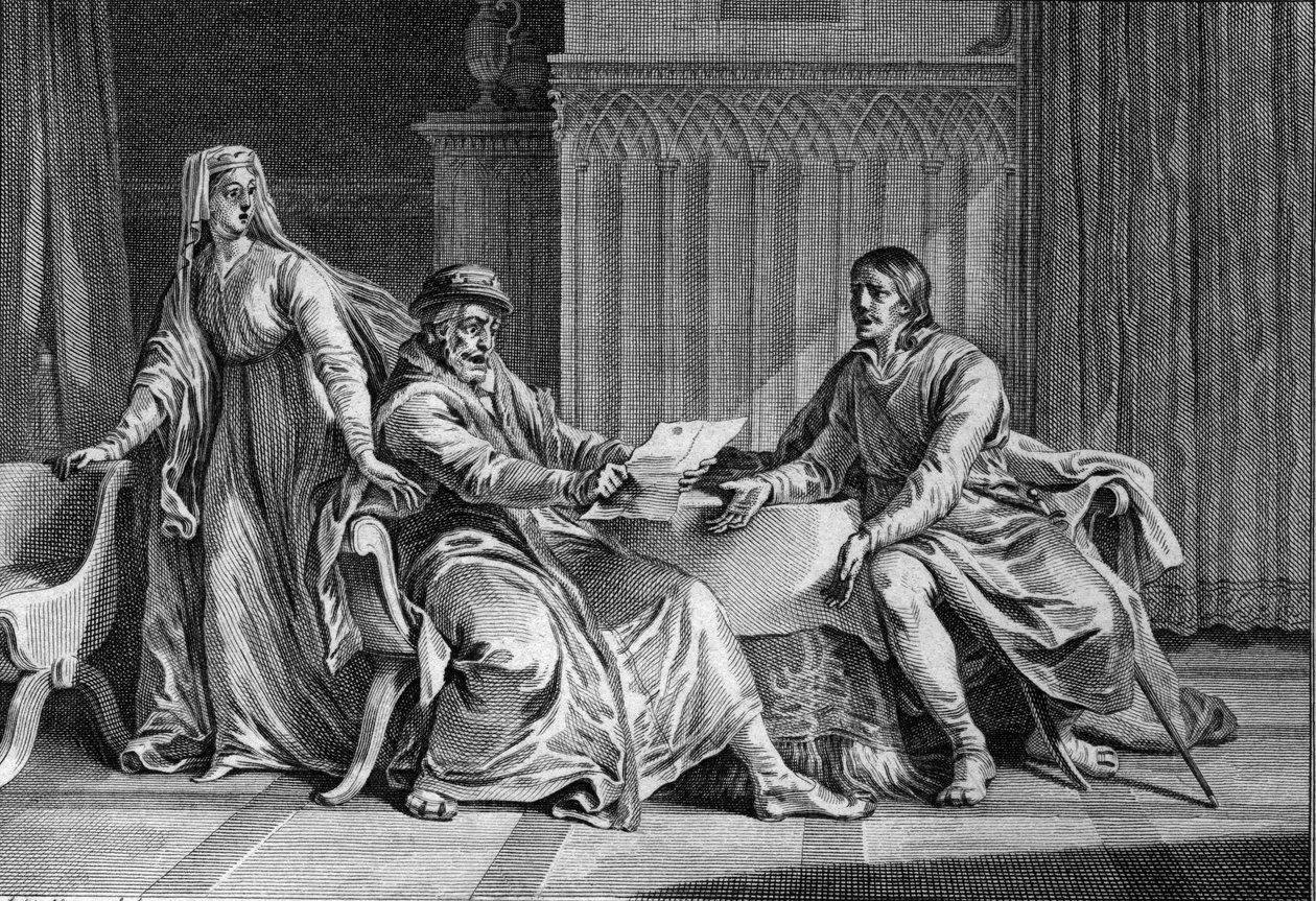 Louis the Gros (1081-1137) viser sin far, Philip I (1052-1108), brevet, hvori han angiveligt bad kongen af England om at myrde Ludvig. Bertrade de Montfort (ca. 1070-1118), hustru til Philippe og formodet forfatter til brevet, er også til stede. 1 af Jean Michel the Younger Moreau