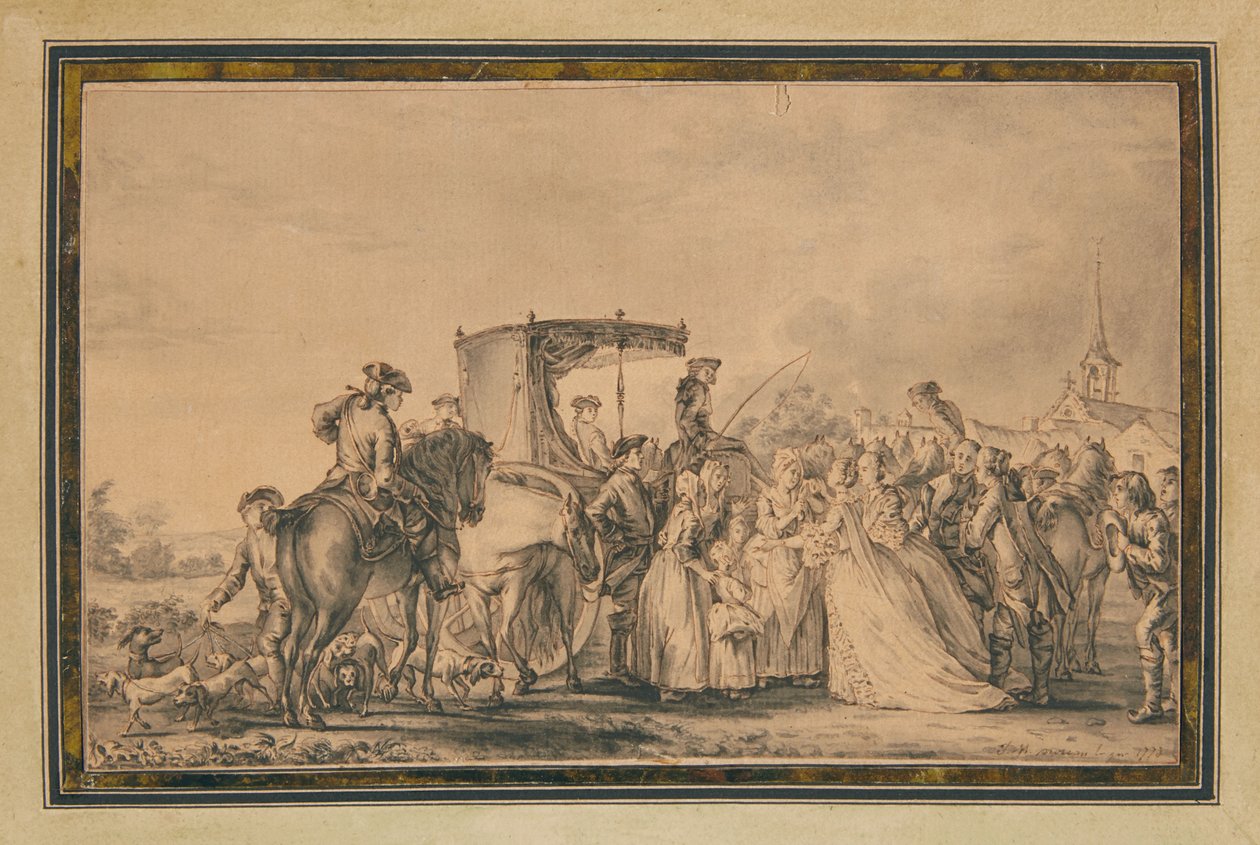 Marie Antoinette, der forlader sin vogn og omgivet af sin kortege, trøster en bonde, 1773 af Jean Michel the Younger Moreau