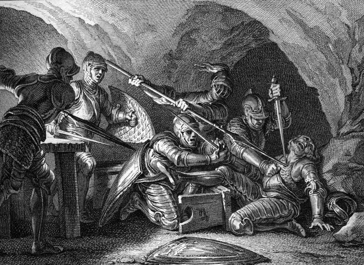 Hertugdømmet Aquitaines møde til kronen: Mordet på Waifre (eller Gaifier), hertugen af Aquitaine (767 eller 768). Stik af Romanet efter Moreau le jeune (1779). af Jean Michel the Younger Moreau