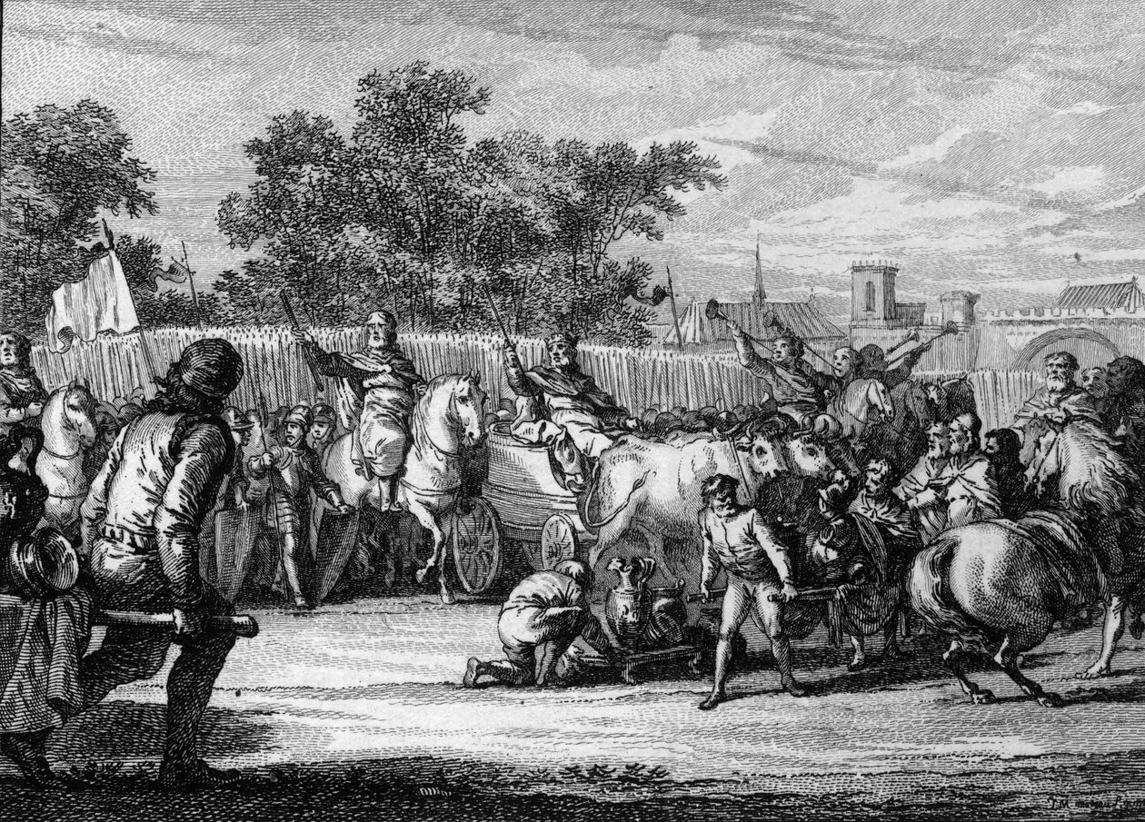 Merovingertid; kongens ankomst under et "Marsfelt"". Kongen klatrede på en vogn affyret af okser, trompeter melder hans ankomst. Ved sin side, borgmesteren af paladset, ridende med Baton de Commandant. Gravering af Jean Michel Moreau, dit More af Jean Michel the Younger Moreau