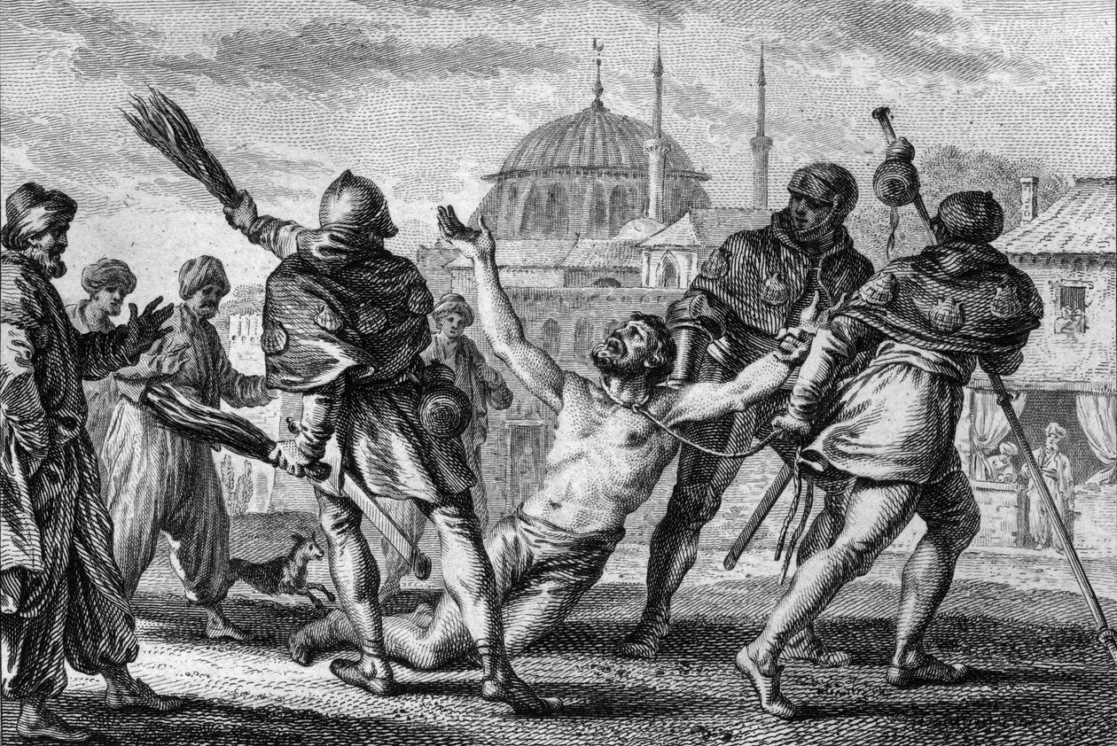 Nerra hønsehøns (972/987-1040), greve af Anjou, pilgrimsfærd i Jerusalem. Han bliver slæbt nøgen, et reb bundet til halsen, i byens gader, mens en af hans væbnere pisker ham med meter og beder om nåde fra Gud. 11. århundrede. Stik af Jean Mich af Jean Michel the Younger Moreau