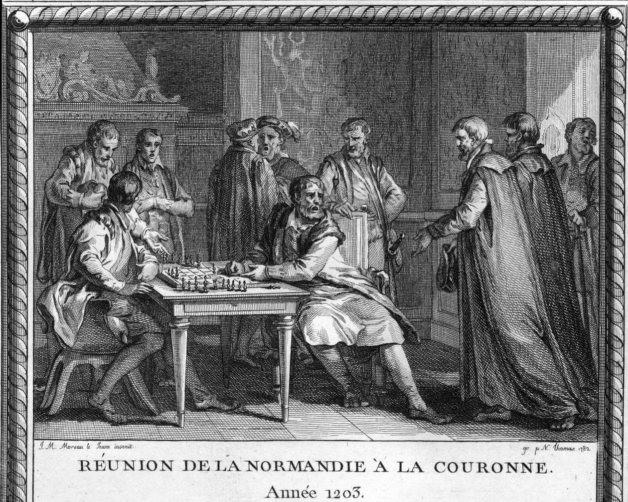 Normandiets tilknytning til Frankrig i 1203: gravering repræsenterer Jean Sans Terre (1167-1216), der modtager nyheden om den franske kong Philippe Augustes erobring af Rouen. Gravering af Moreau le jeune af Jean Michel the Younger Moreau