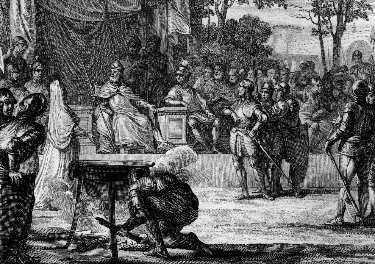 Ordalies eller "Guds domme", 831: anklaget for forræderi mod Ludvig I den fromme eller Debonnaire (778-840), Judith Welf (805-843), hans kone og Bernard af Septimania (ca. 800-844), kammerherre i riget, prøv at bevise deres uskyld før en af Jean Michel the Younger Moreau