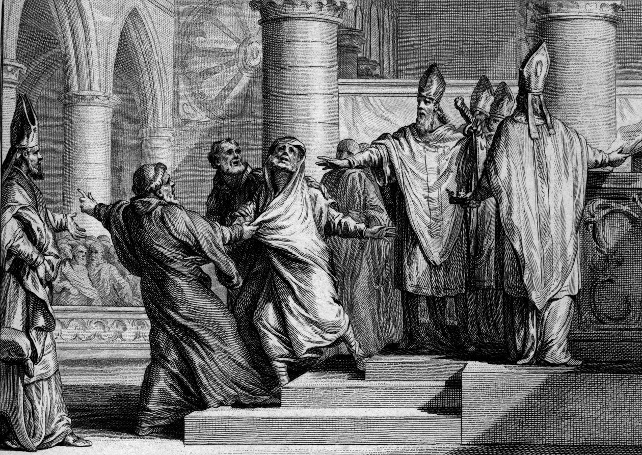 Bod og afsættelse af Ludvig I den fromme eller Debonnaire (778-840), 833: efter at have tilstået, bliver kongen frataget kejserlige ornamenter af arkeveken i Reims, derefter dækket med en pose anger. Gravering af Jean Michel Moreau, dit Moreau le Jeu af Jean Michel the Younger Moreau