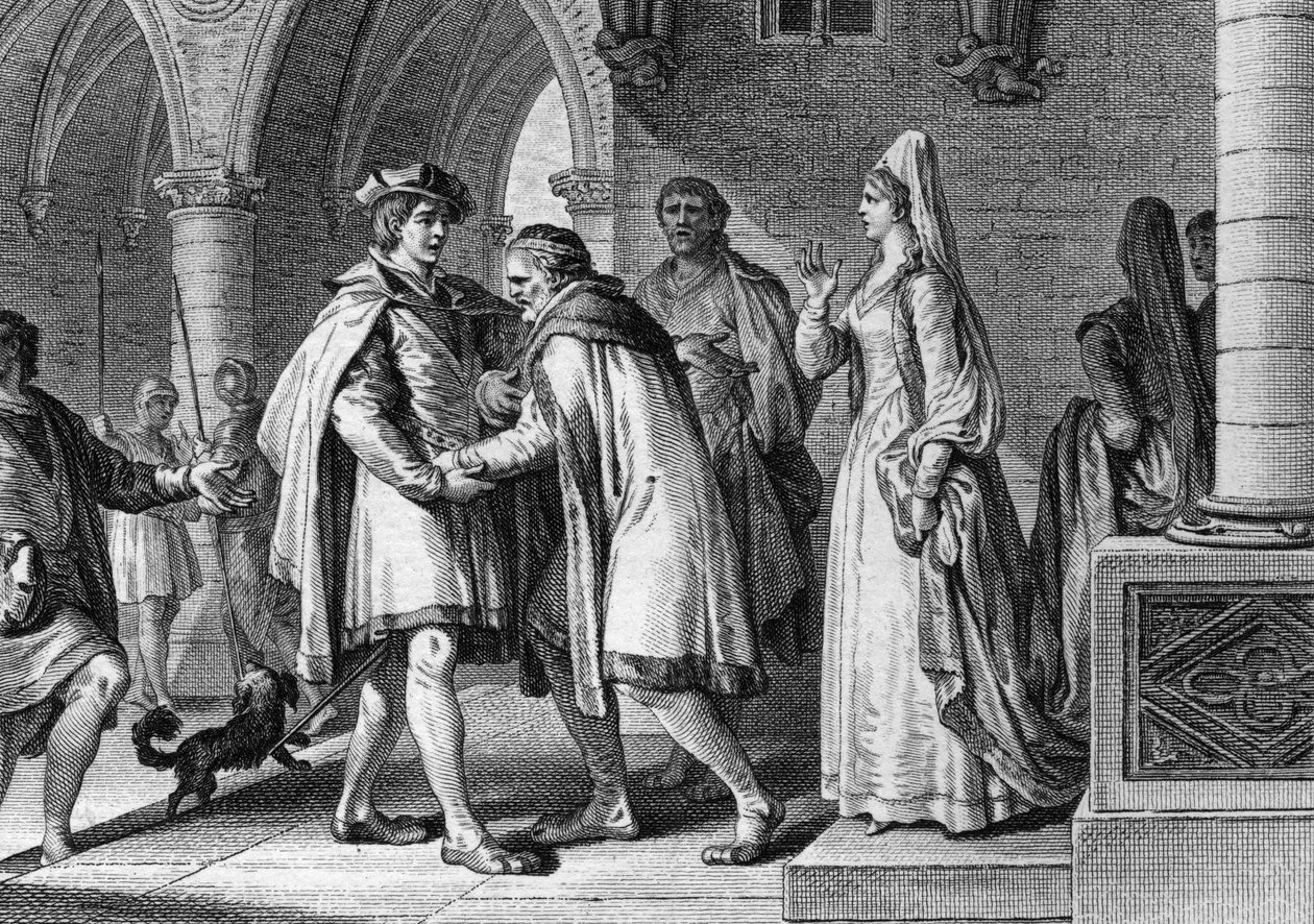 Filip I (1052-1108), frankernes konge, besøger greven af Anjous hof, Foulques le Rechin (1042-1109). Denne rejse er et påskud for at arrangere sit ægteskab med Bertrade de Montfort (omkring 1070-1118), grevs hustru. 1095. Stik af Jean Mich af Jean Michel the Younger Moreau