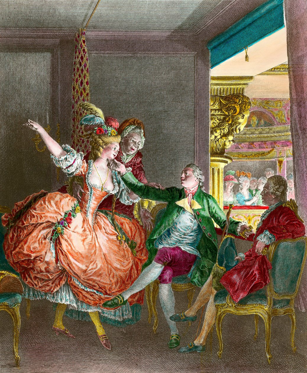 Prostitution: "" Præsentationen i teatret""" En ung kvinde præsenteres gennem en matchmaker for en gentleman. Stik af Moreau le Jeune (1741-1814). 19. århundrede. Privat samling af Jean Michel the Younger Moreau