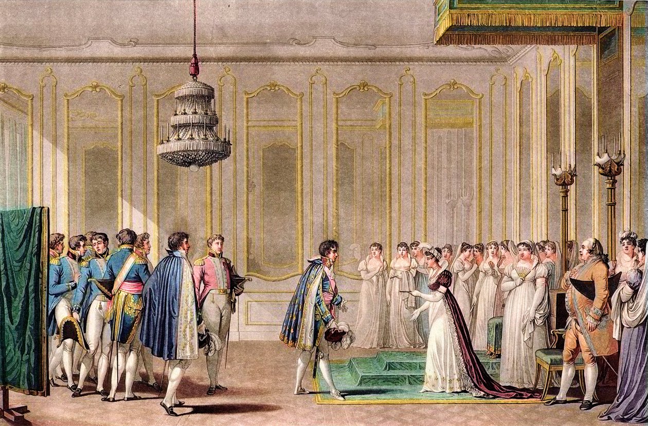Fuldmagtsægteskabsforslag fra Napoleon præsenteret for kejserinde af Østrig af prins af Neufchatel (Louis-Alexandre Berthier) - gravering efter Jean-Michel Moreau le jeune - I et værelse i hans lejlighed, Imperatrice Marie Louise af Østrig (Marie-Louise) ( af Jean Michel the Younger Moreau