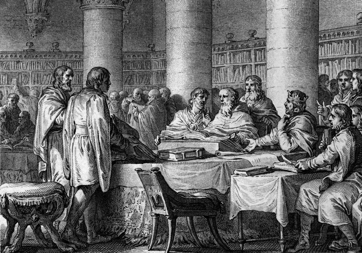 Genoprettelse af studier i Vesten af frankernes konge Karl den Store (747-814) og munken Alcuin. 781. Stik af Jean Michel Moreau, dit Moreau le Jeune (1741- 1814) af Jean Michel the Younger Moreau