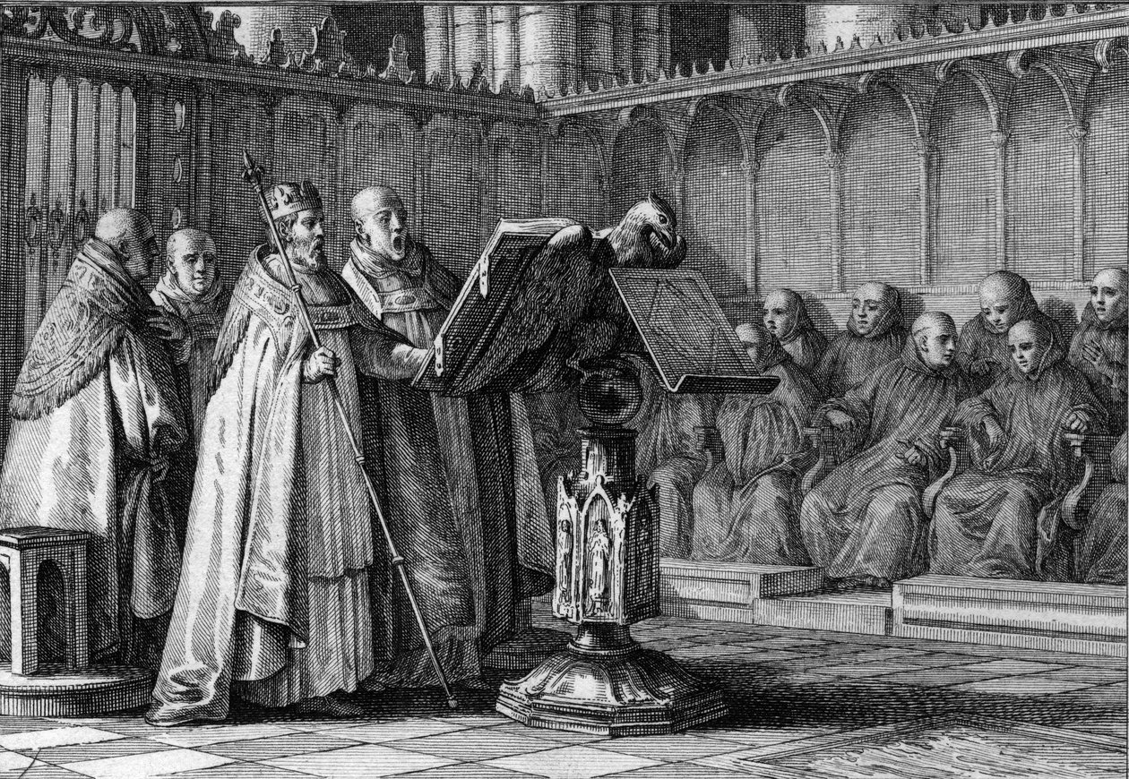 Robert II den fromme (970-1031), frankernes konge, synger ved en gudstjeneste foran en talerstol. Han bærer sin krone og holder sit scepter. Gravering af Jean Michel Moreau, dit Moreau le Jeune (1741-1814) af Jean Michel the Younger Moreau
