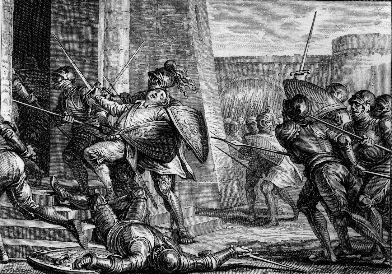 Robert the Fort døde (ca. 815-866), hertug af Frankrig, under slaget ved Brissarthe i 866, idet han modsatte francerne til en hær, der kombinerede bretonsk og viking. Gravering af Jean Michel Moreau, dit Moreau le Jeune (1741-1814) af Jean Michel the Younger Moreau