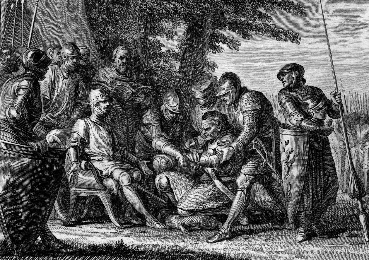 Rollon (ca. 860-933), vikingehøvding, nægter at kysse foden af kong Charles III den Enfoldige (879-929), 912. Gravering af Jean Michel Moreau, dit Moreau le Jeune (1741- 1814) af Jean Michel the Younger Moreau