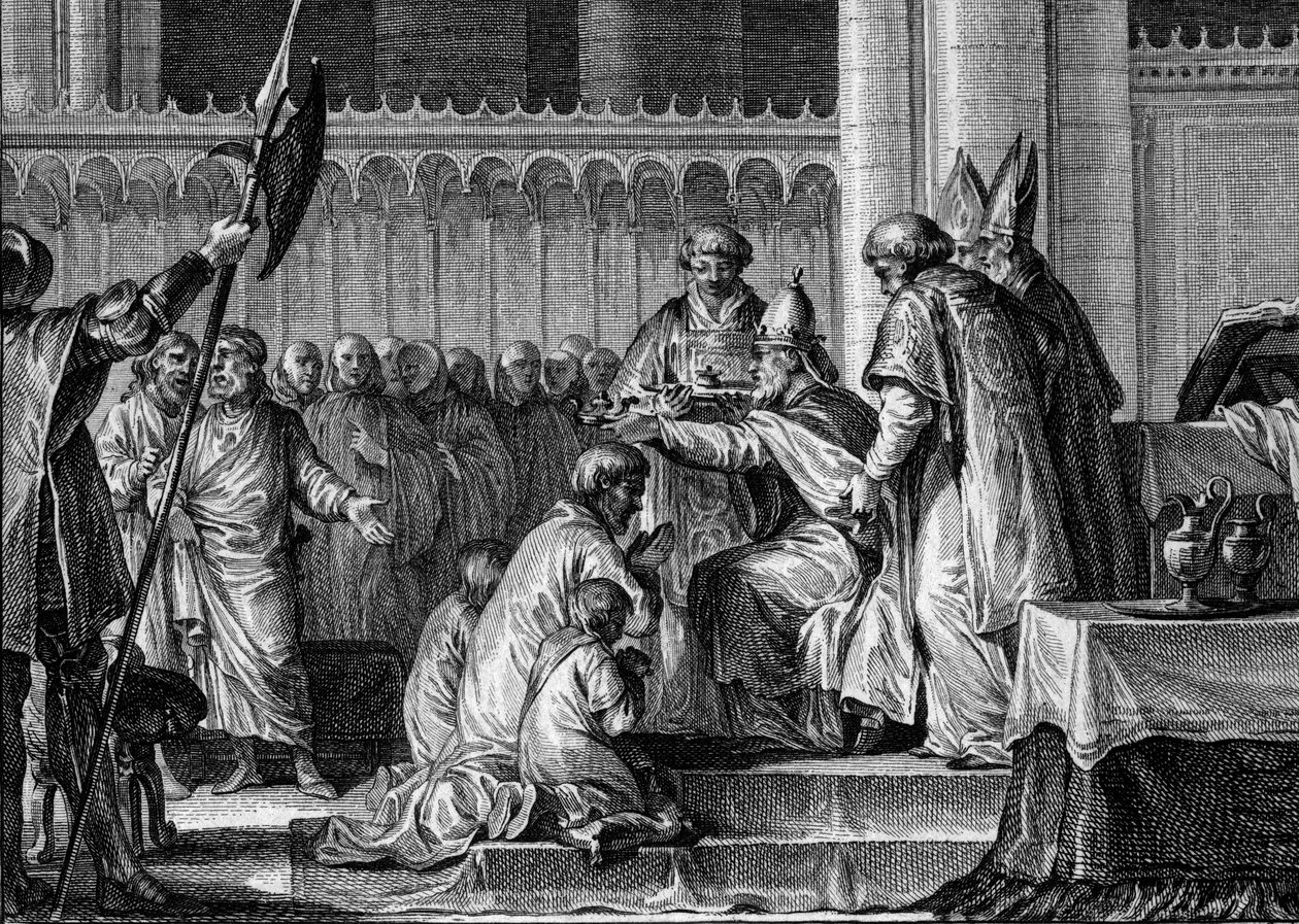 Den hellige Pepin Brief (714-768), Basilica of Saint Denis, 28. juli 754: Pave Stephen II indviede ham til konge af frankerne og Patrice af romerne (Patricius Romanorum). Ved hans side hans to sønner, Carloman og Charles (den fremtidige Karl den Store). Gr af Jean Michel the Younger Moreau