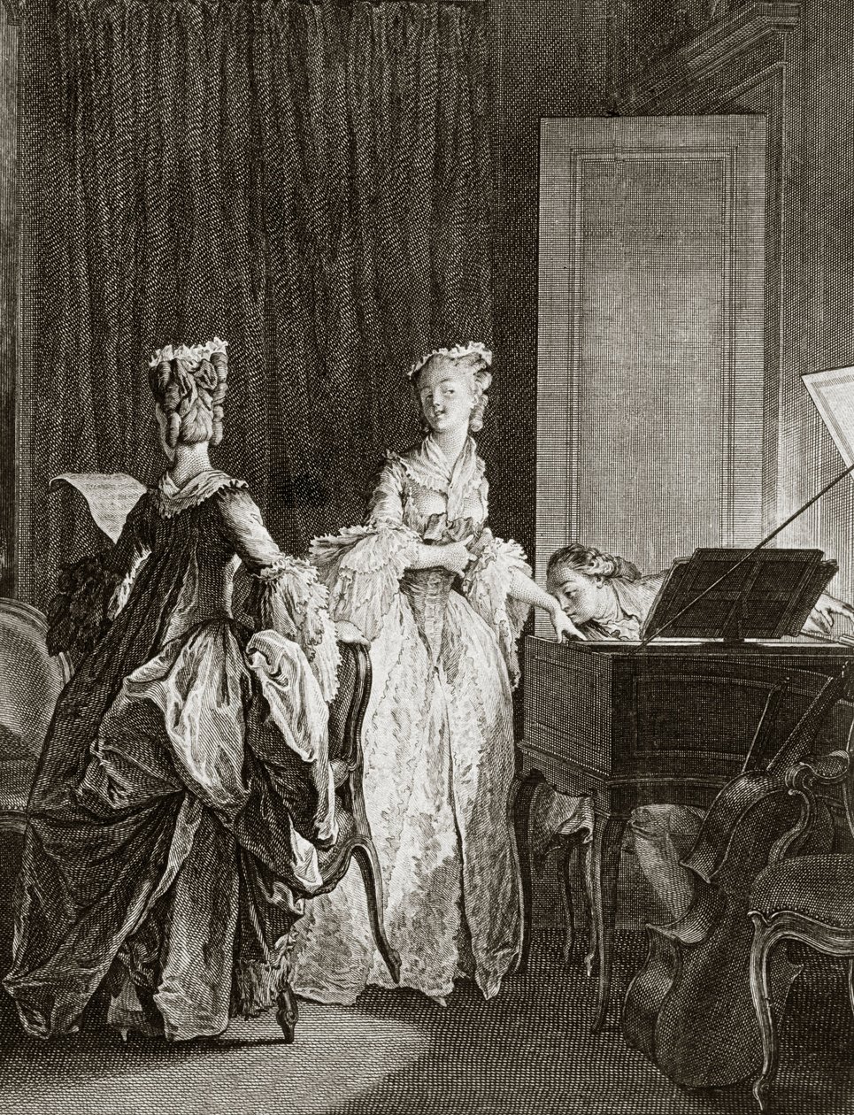 Saint Preux og Claire ved cembalo i "" Julie ou la nouvelle Heloise"" af den schweiziske filosof Jean Jacques (Jean-Jacques) Rousseau (1712-1778) - gravering af Moreau le jeune, Jean Michel (1741-1814) (Saint) -Preux, slår sig ned ved cembalo, kys af Jean Michel the Younger Moreau